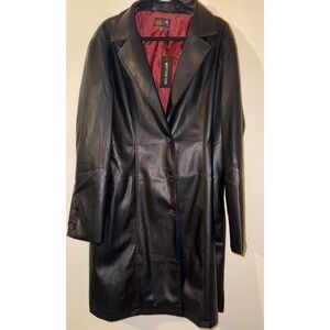 Dolls Kill Faux Leather Trench Coat Red Lined Black Button‎ Front Size XXL NWT